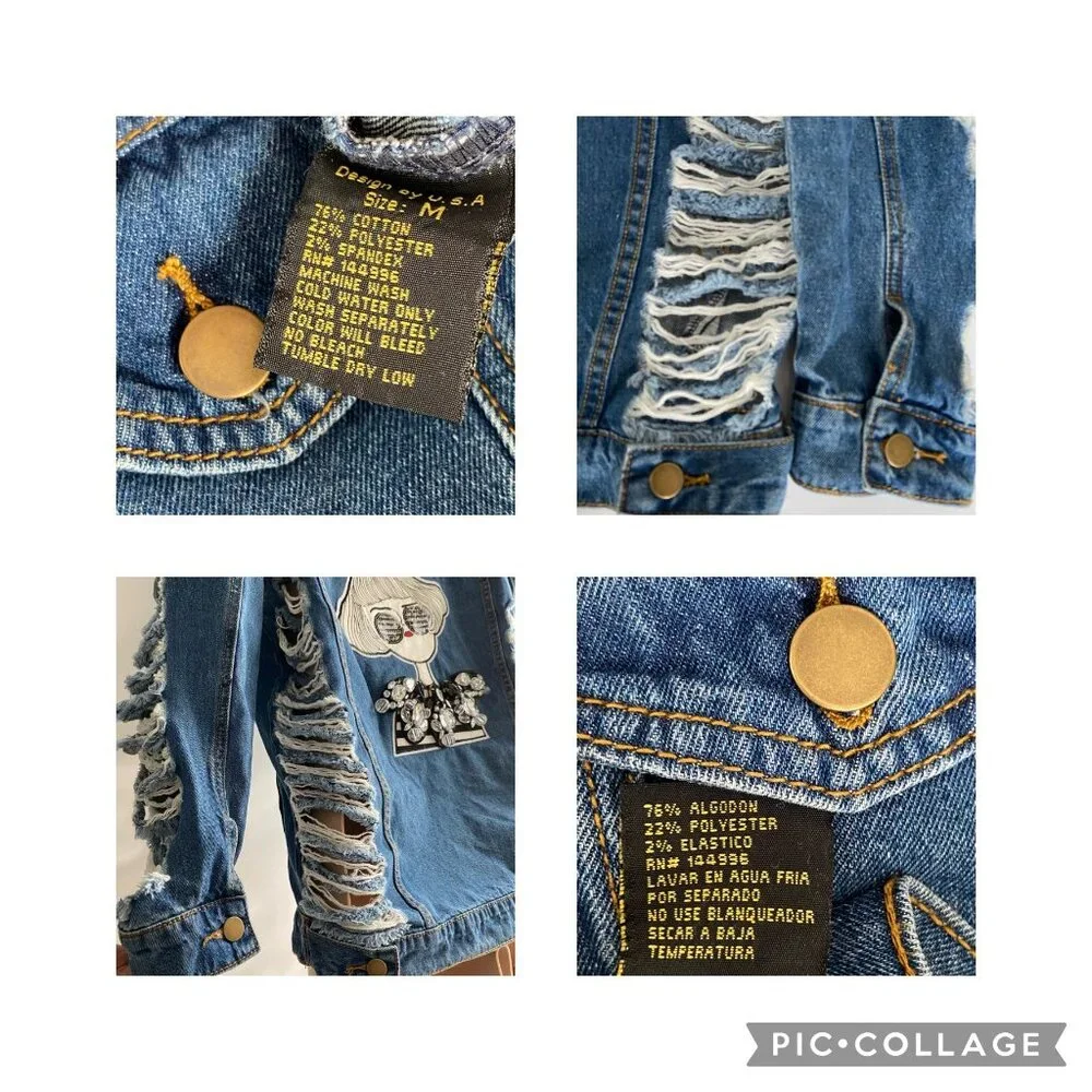 Denimland Paris Collection Jean Jacket Women M Destroyed Rhinestones Embroidered - Picture 8 of 13